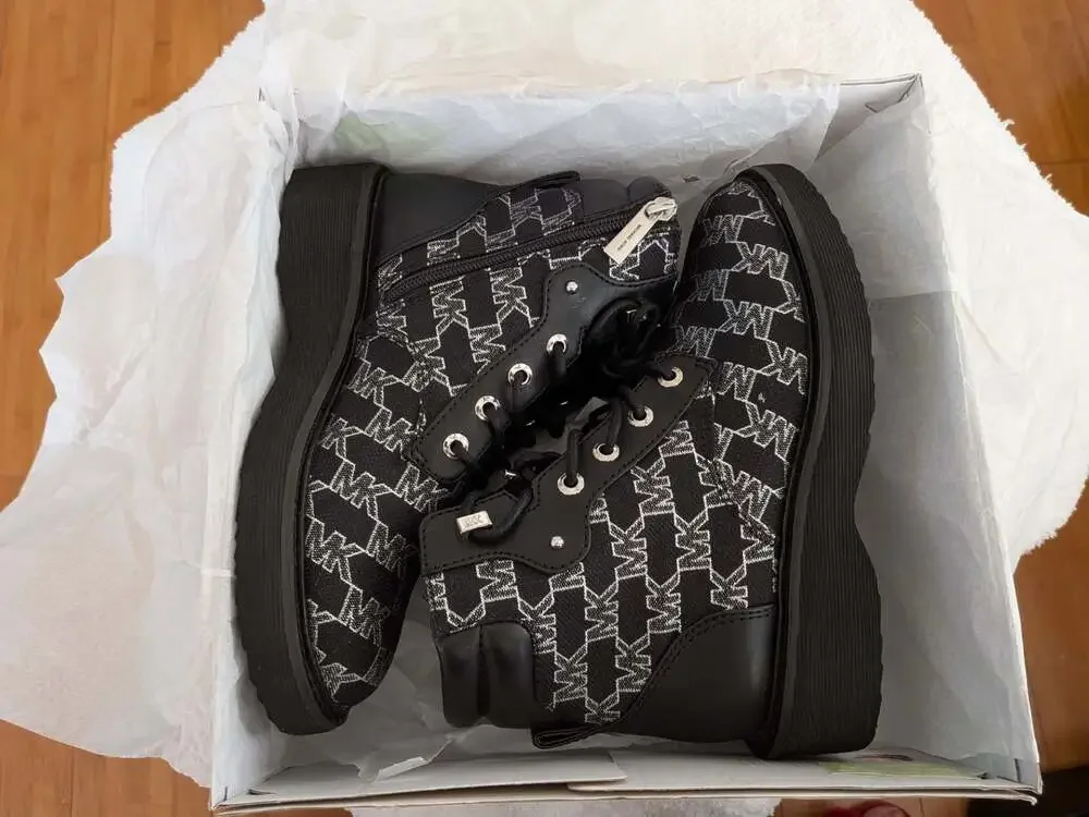 Michael Kors Trudy Bootie Met MK Outline JQD Lace Up Boot Black Size 6.5M
